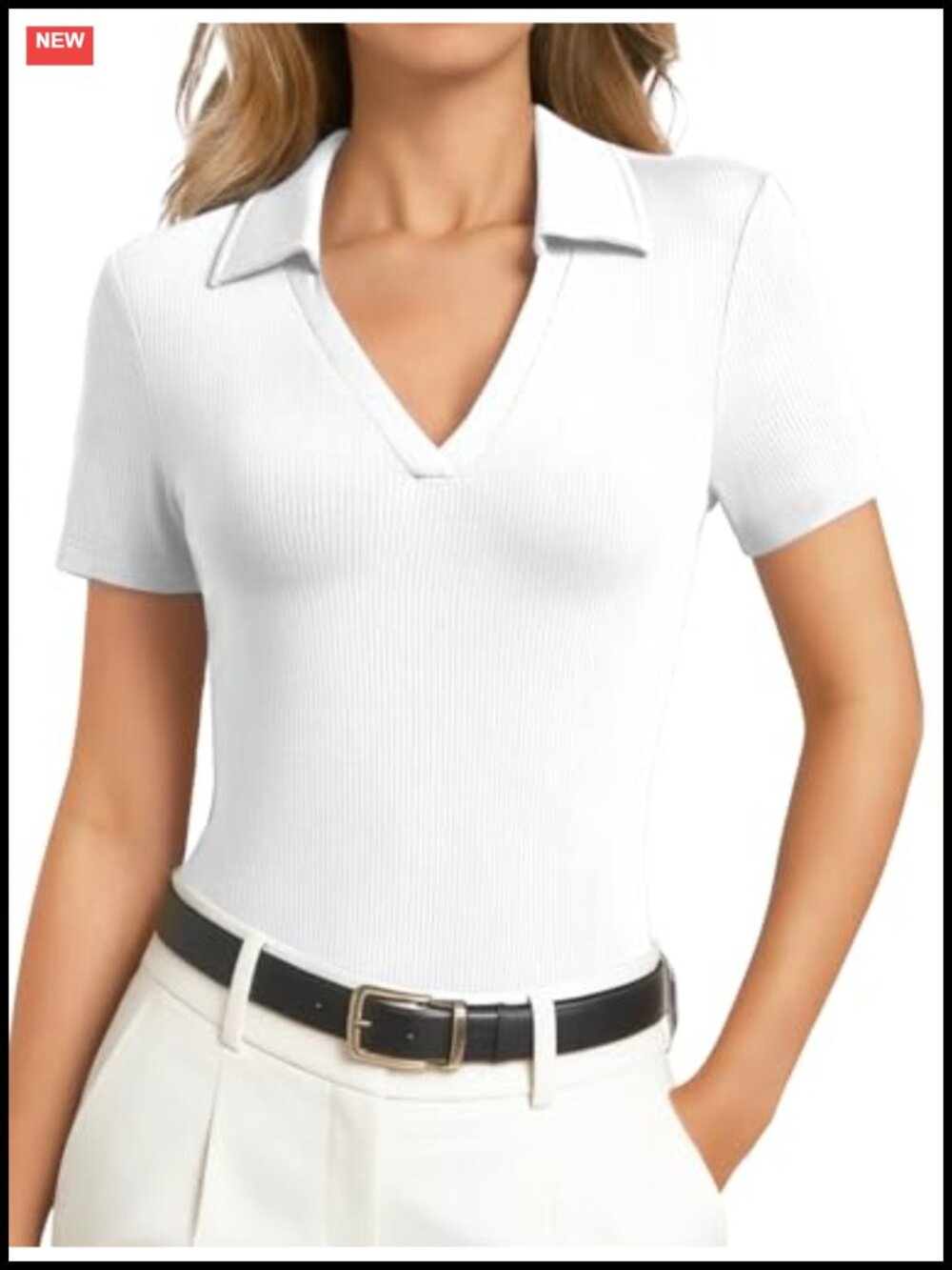 Women's Slim Fit Ribbed Knit Polo Shirt V-Neck Short Sleeve Office Golf Top